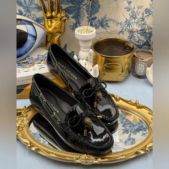 🆕 KURT GEIGER LONDON 🧿 NWOB Eagle Moccasins, Black Patent - Sz EU37 US 7